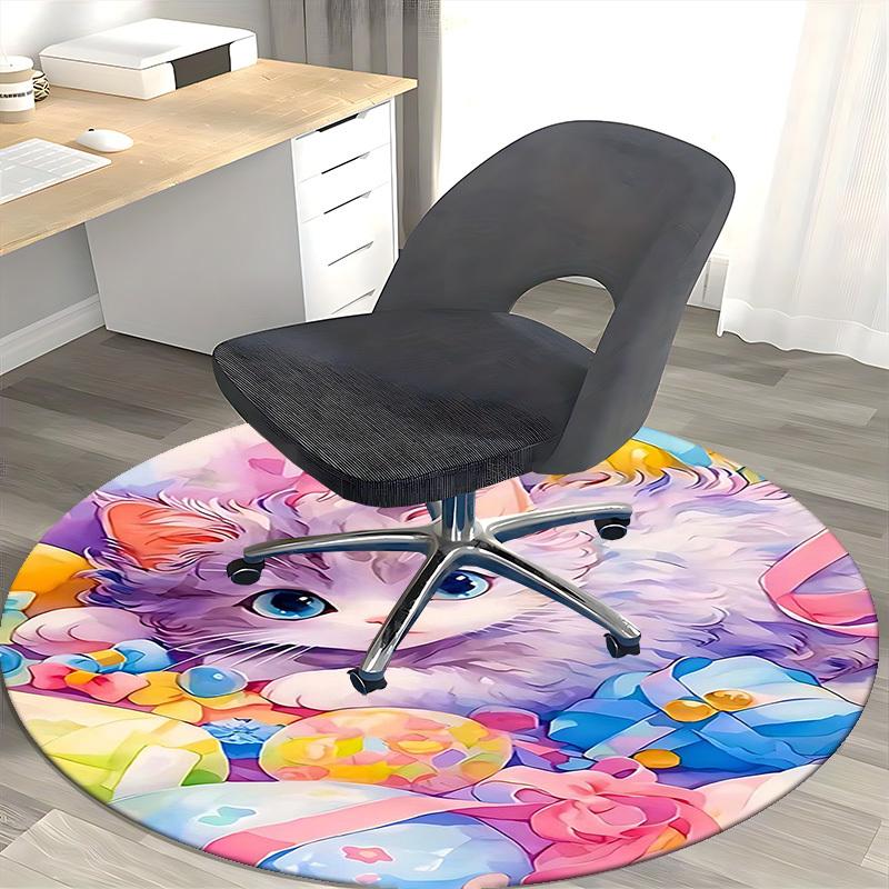 1pc Anime Design Round Carpet Cute Kitten with Colorful Flowers Chair Mat for Office, Home Decor, Living Room, Bedroom, Game Room, Non Slip Rug