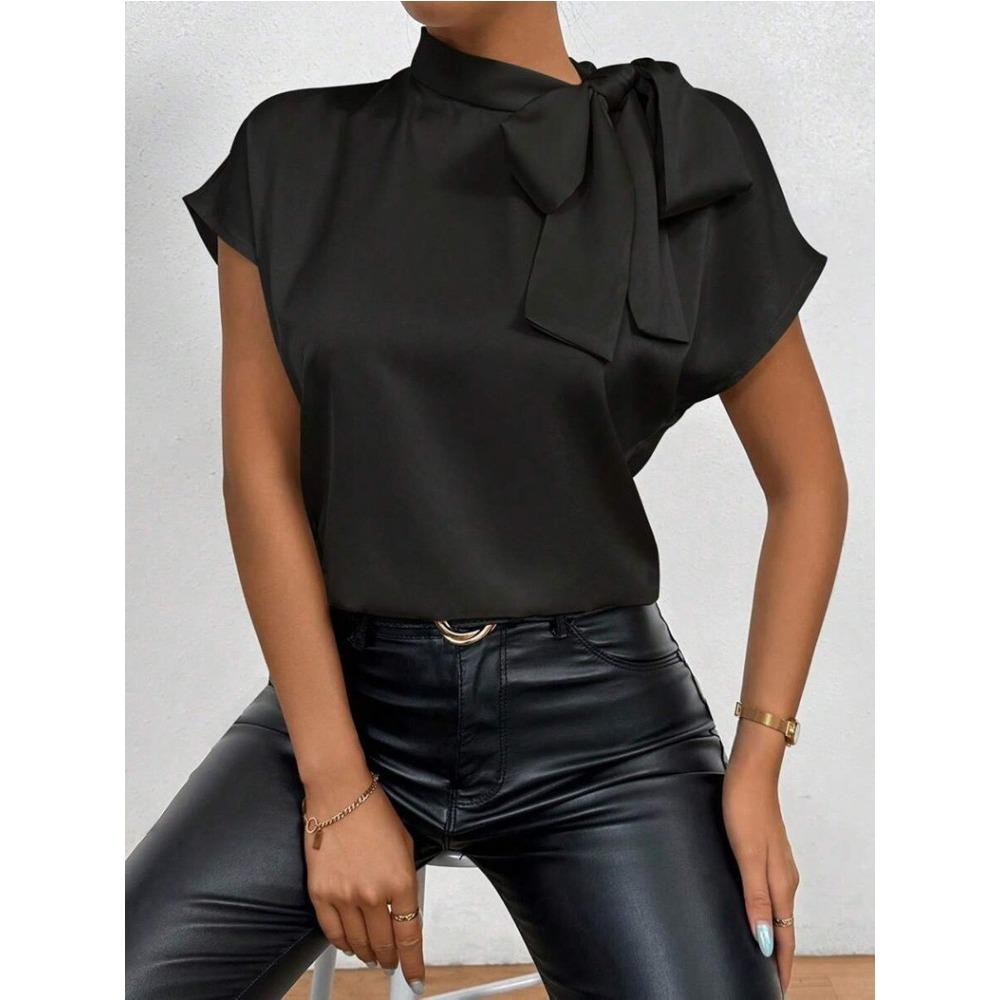 Women Summer Minimalist Shirt Elegant Women's Satin Pink Short Sleeved Lace-up Bow Neck Casual Fitting Office Shirt