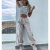 Women Multiple Pockets Pants Drawstring Relaxed Fit Hiking Construction Work Pants Apricot M
