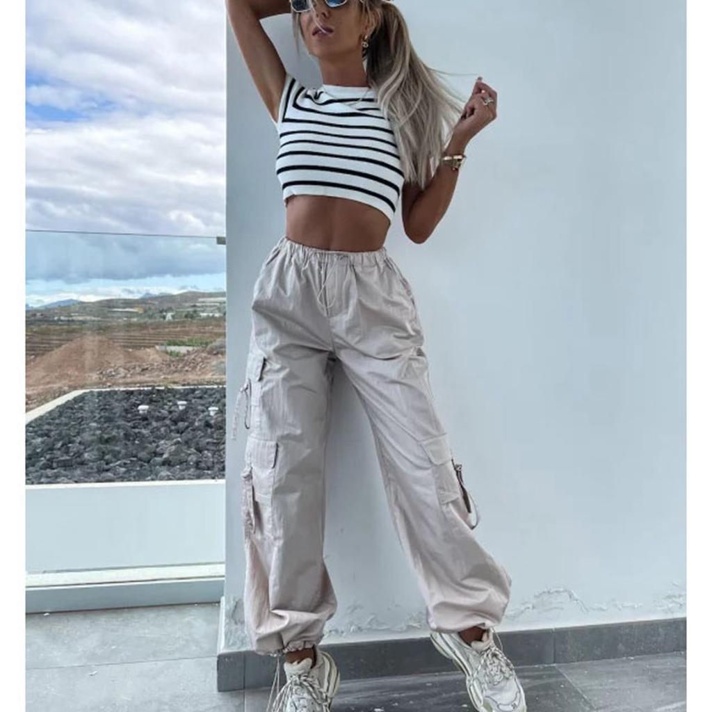 Women Multiple Pockets Pants Drawstring Relaxed Fit Hiking Construction Work Pants Apricot M