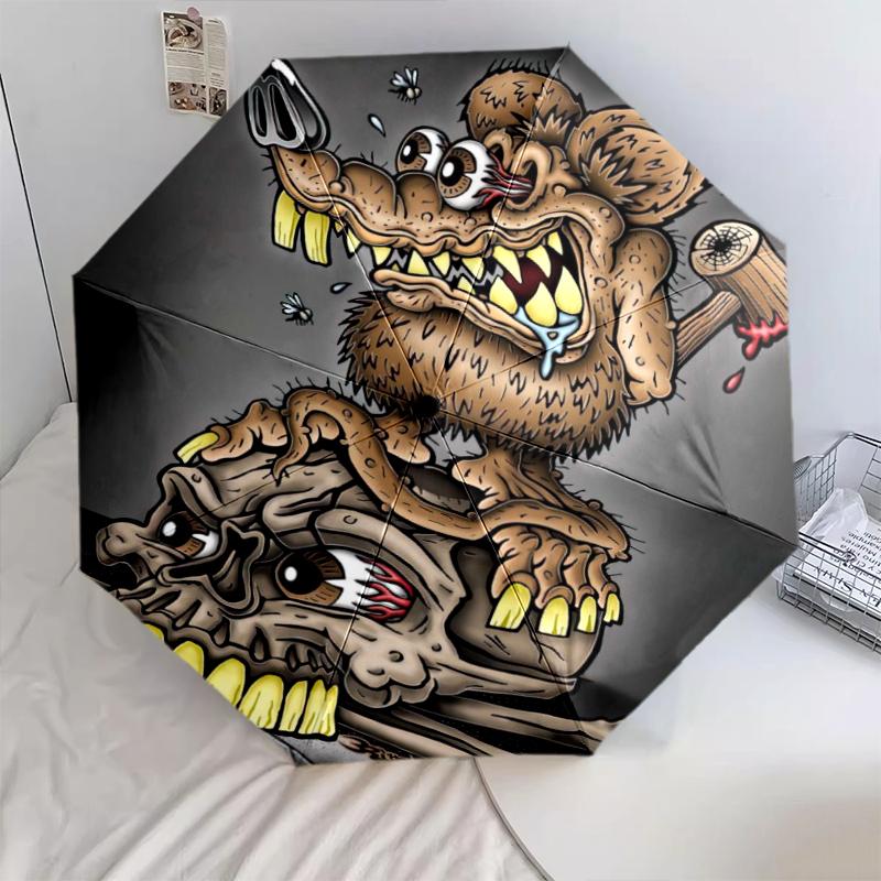 1pc Rat Fink pattern Umbrella Portable Folding Umbrella Iron Frame Hole Bone Structure Outdoor Home Umbrella