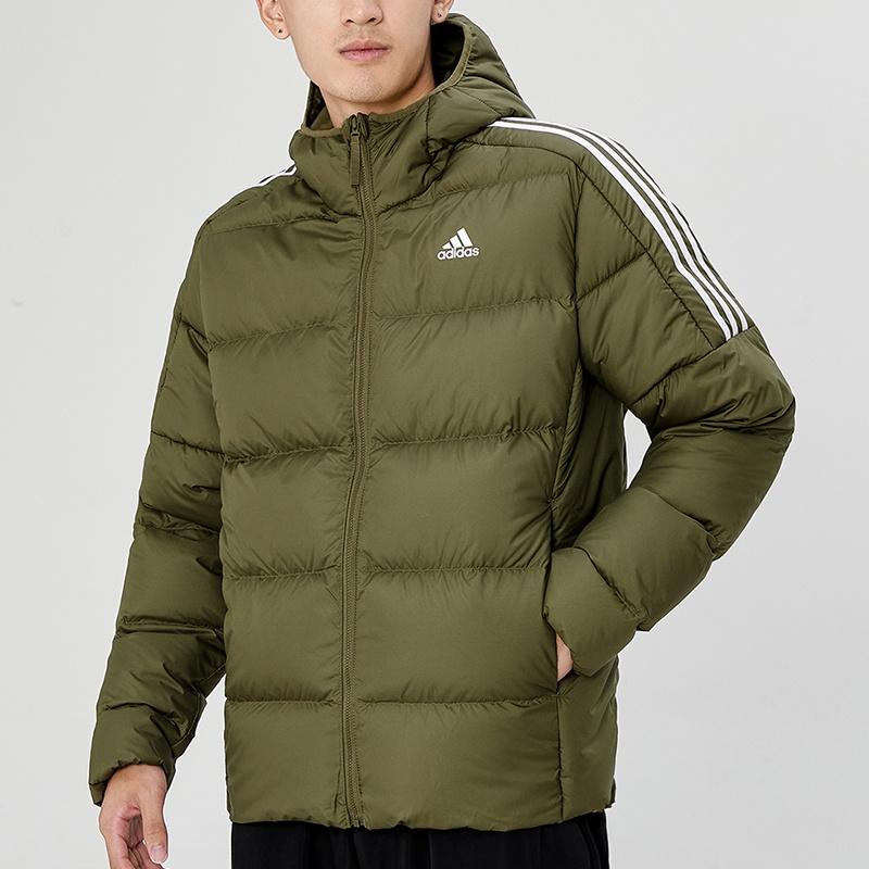 Men's adidas Ess Mid D H Jkt Stay Warm Sports Hooded Down Jacket Olive GT9138