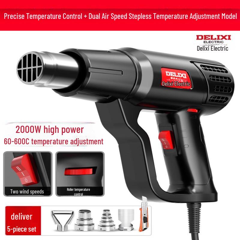 Delixi Electric Digital Display High-Power Hot Air Gun for Temperature Control & Film Shrinking.