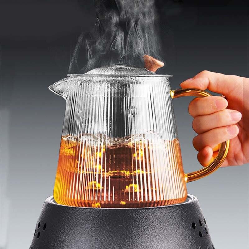 Vertical Stripes Crystal Glass Teapot with Removable Filter Puer Kettle Flower Tea Set Infuser Coffee Teaware