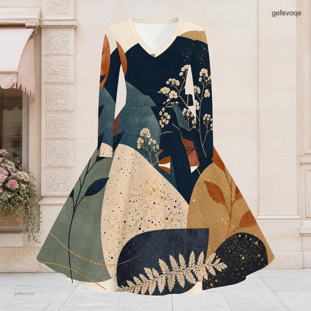Women Plus Size V Neck Long Sleeve Blue White Printed Denim Patchwork A Line Dress With Belt