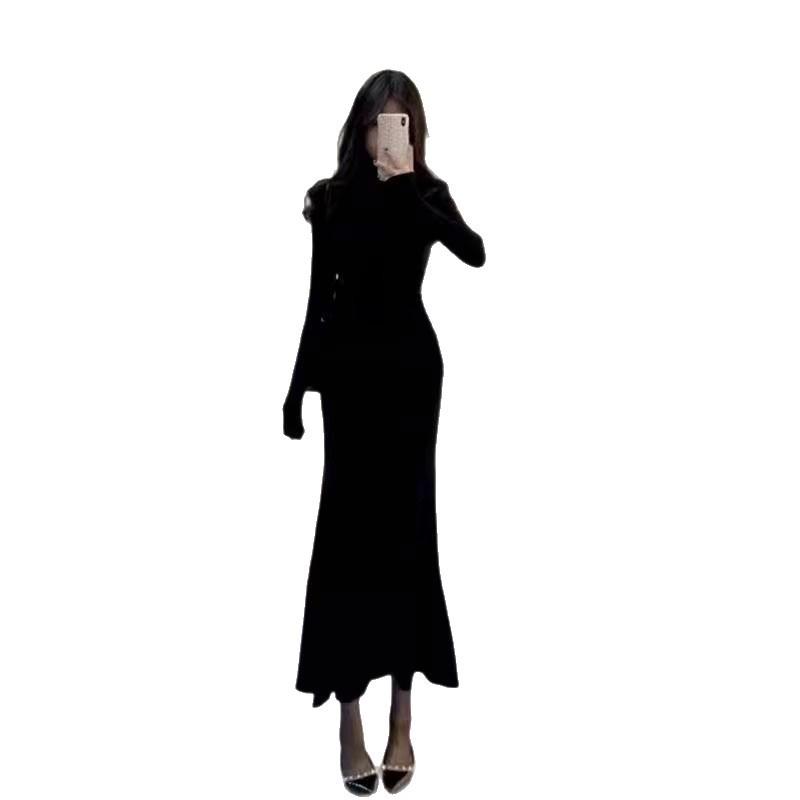 Women's Black Fishtail Skirt Dress - Spring/Autumn Hip-Hugging Long Skirt 2026 New Style