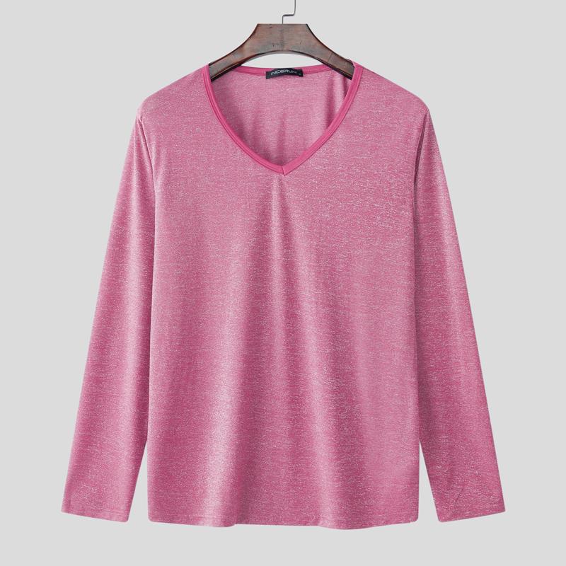 

INCERUN Men V Neck Long Sleeve Glitter Casual Skinny T-shirts Undershirts 4XL темно-розовый