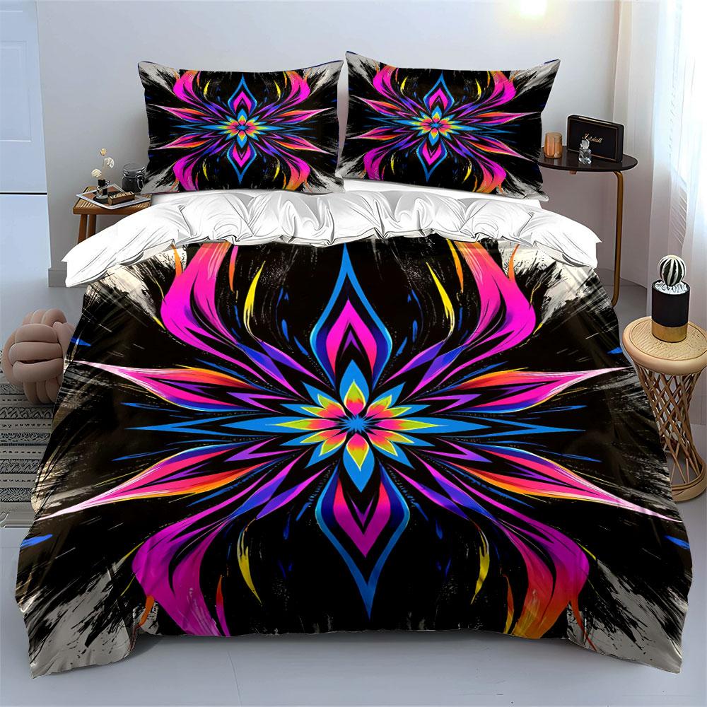Vibrant neon floral mandala. Bedding sets Duvet cover sets Duvet covers Pillowcases(1* Duvet Cover 2* Pillowcases without duvet insert)