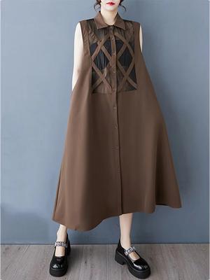 Patchwork Mesh Turn-down Collar Dress GYX1407