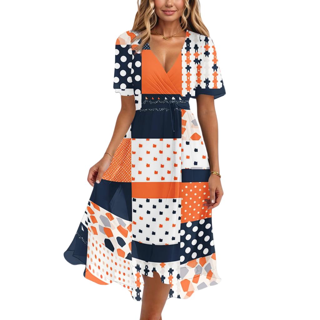 Women’s V Neck Short Sleeve Midi Dress with Floral and Butterfly Print Flowing Hem Casual Fit