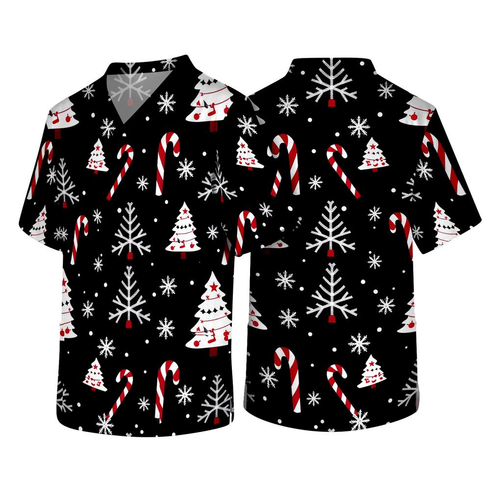 Men's Christmas Theme Caregiver Uniform, Holiday Scrub Top for Nurses and Workers