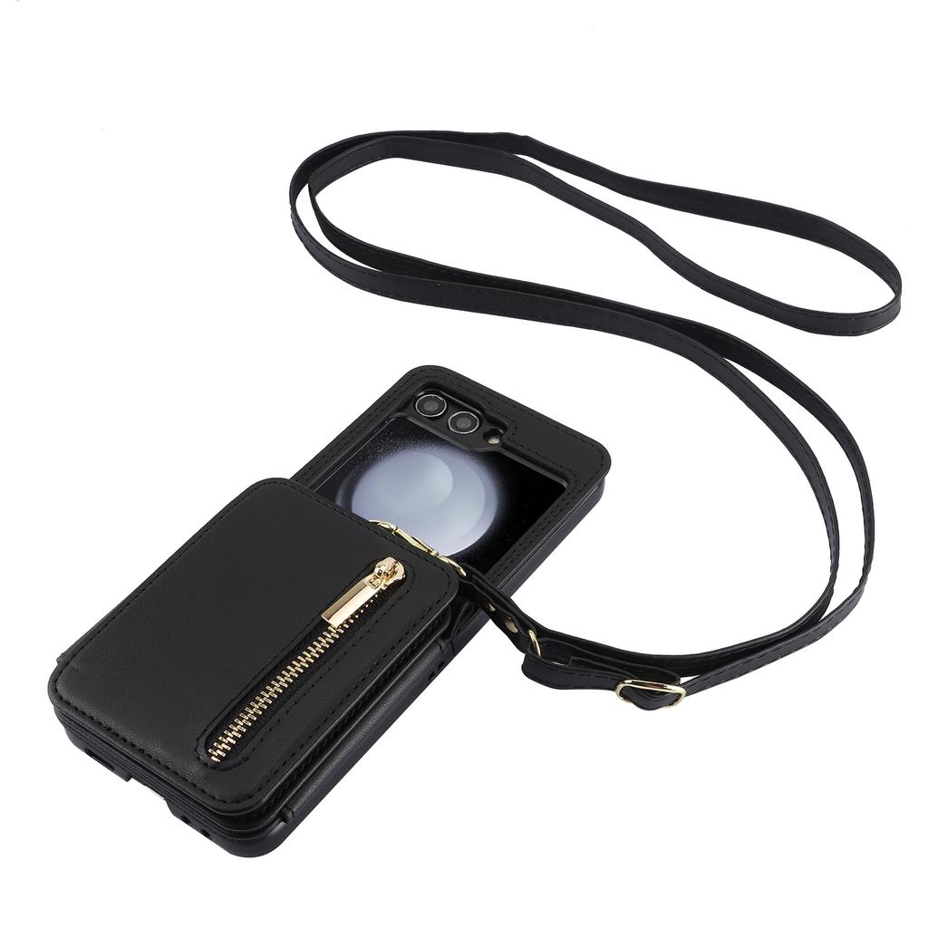 Geldbörse mit Kartenhalter Umhängeband Reißverschluss Ständer Leder Handyhülle für Samsung Galaxy Z Flip3 4 5 6 Schutzhülle