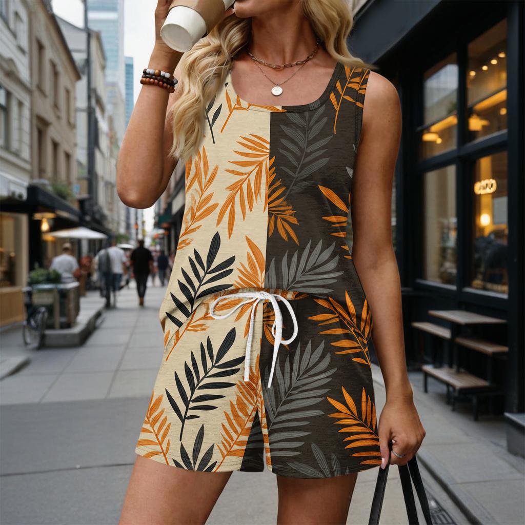 Women's Summer Casual Shorts Two-Piece Set, Hawaiian Print Vest, Square Neck Sleeveless Sports Shirt with Pockets