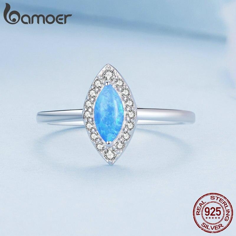 BAMOER 925 Sterling Silver Blue Synthetic Opal Devil's Eye Finger Ring Cubic Zirconia for Women Anniversary Gift Jewelry