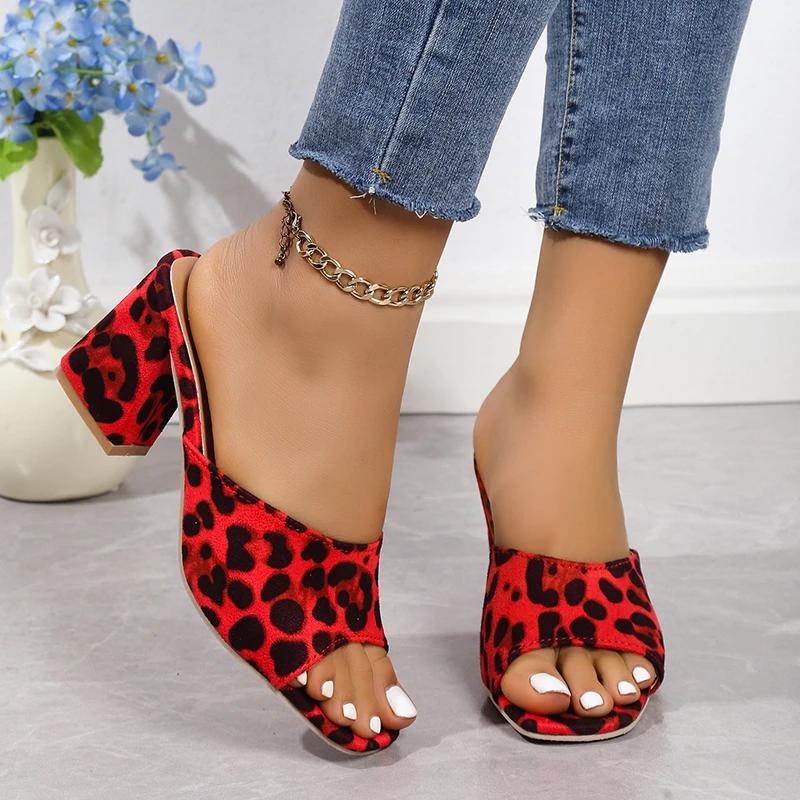 High Heels Sandals Woman 2026 Red Leopard Print Slippers Luxury Shoes for Women Women's Mules Flip Flops Beach