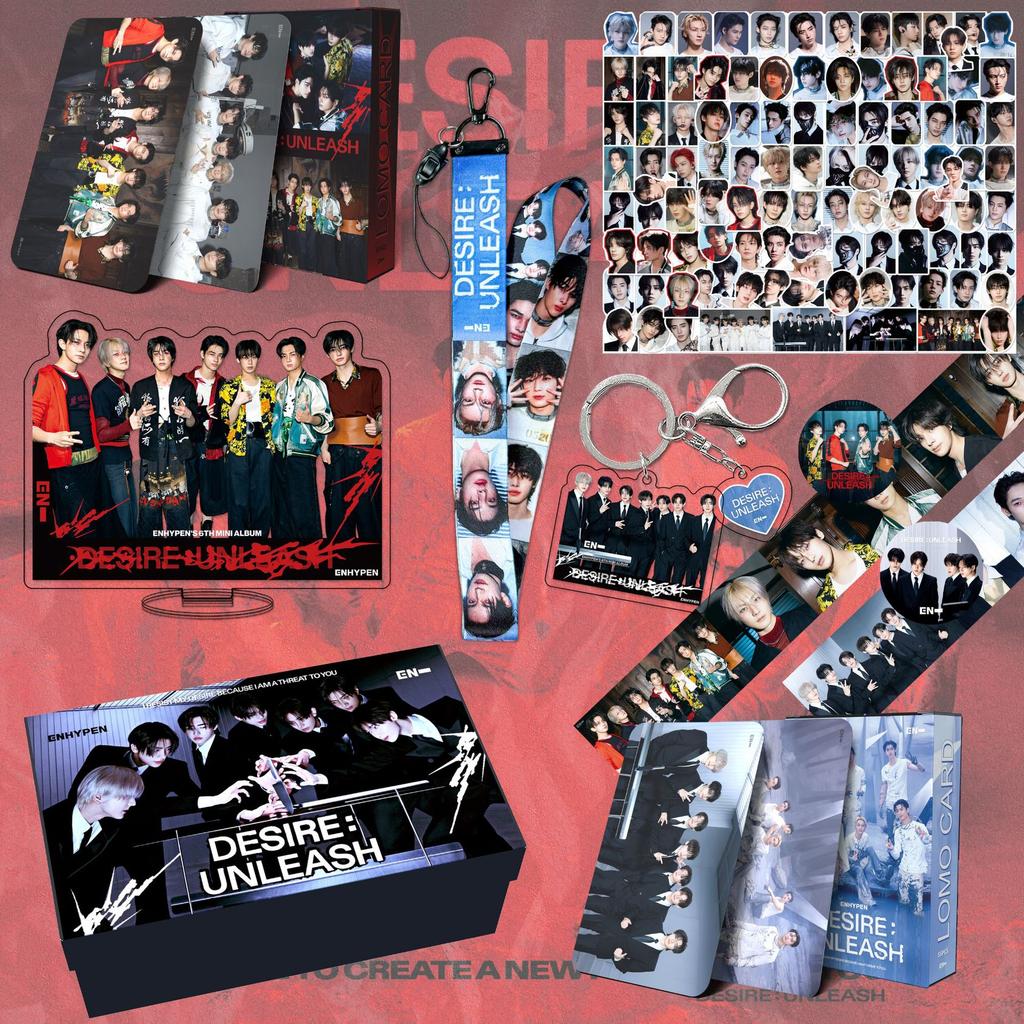 ENHYPEN WUNSCH: UNLEASH Merch Geschenkbox Set - 5. Mini-Album Lomo-Karten Aufkleber Schlüsselanhänger Lanyard Ständer Abzeichen K-Pop Merchandise ENGENE Geschenk