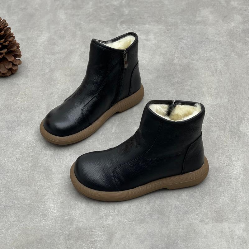 Johnature Genuine Leather Cotton Boots Handmade Retro Flat Round Toe Soft Cowhide Wool Women's Short Boots