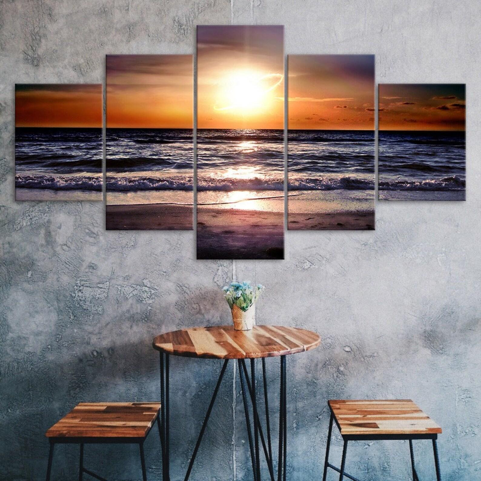 

Sunset Beach Sea Waves Canvas 5 Piece Five Panel Wall Print Modern Art Poster Picture Home Decor Gift For Him For Her 20X35 20X45 20X55CM