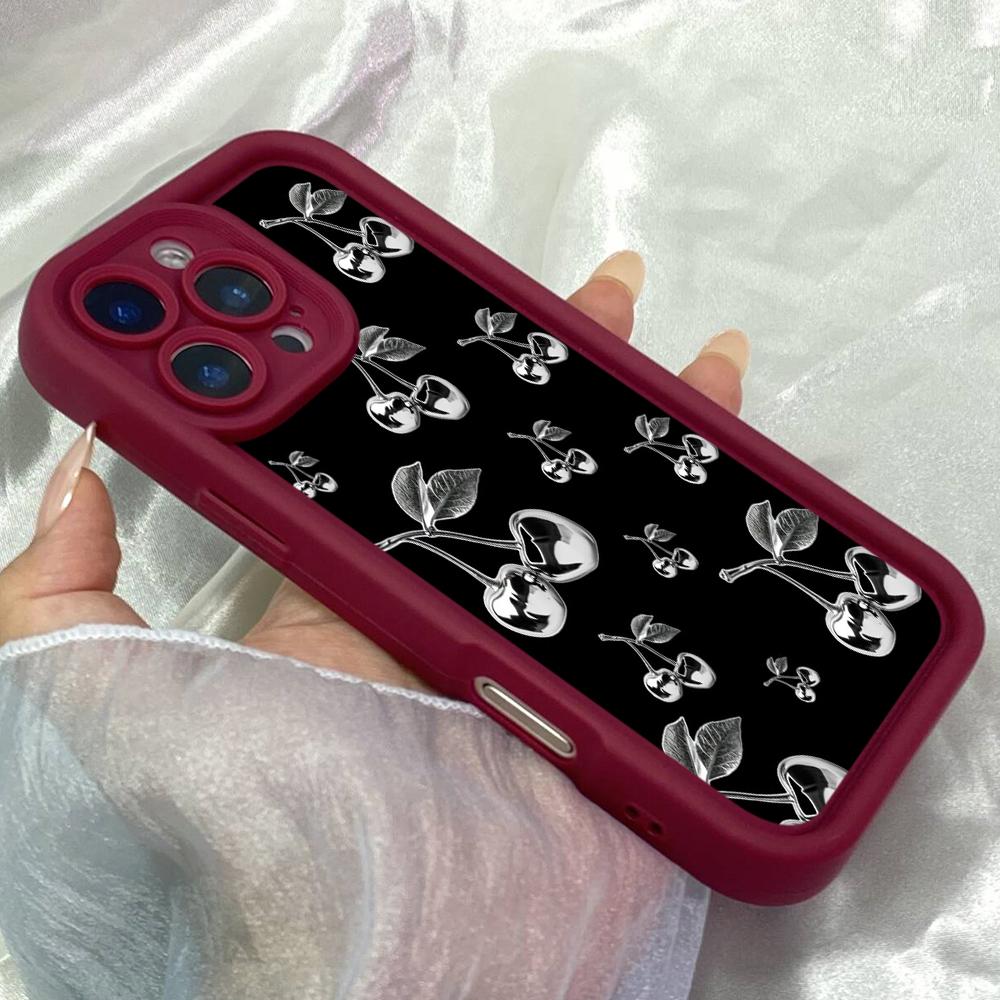 JT74 Black Cherry Phone for iPhone 17 16 15 Pro Max Samsung S26 S25 S24 Ultra A17 A16 A07 A56 Xiaomi 15T Redmi Note 14 Pro Plus Soft TPU Case Cover