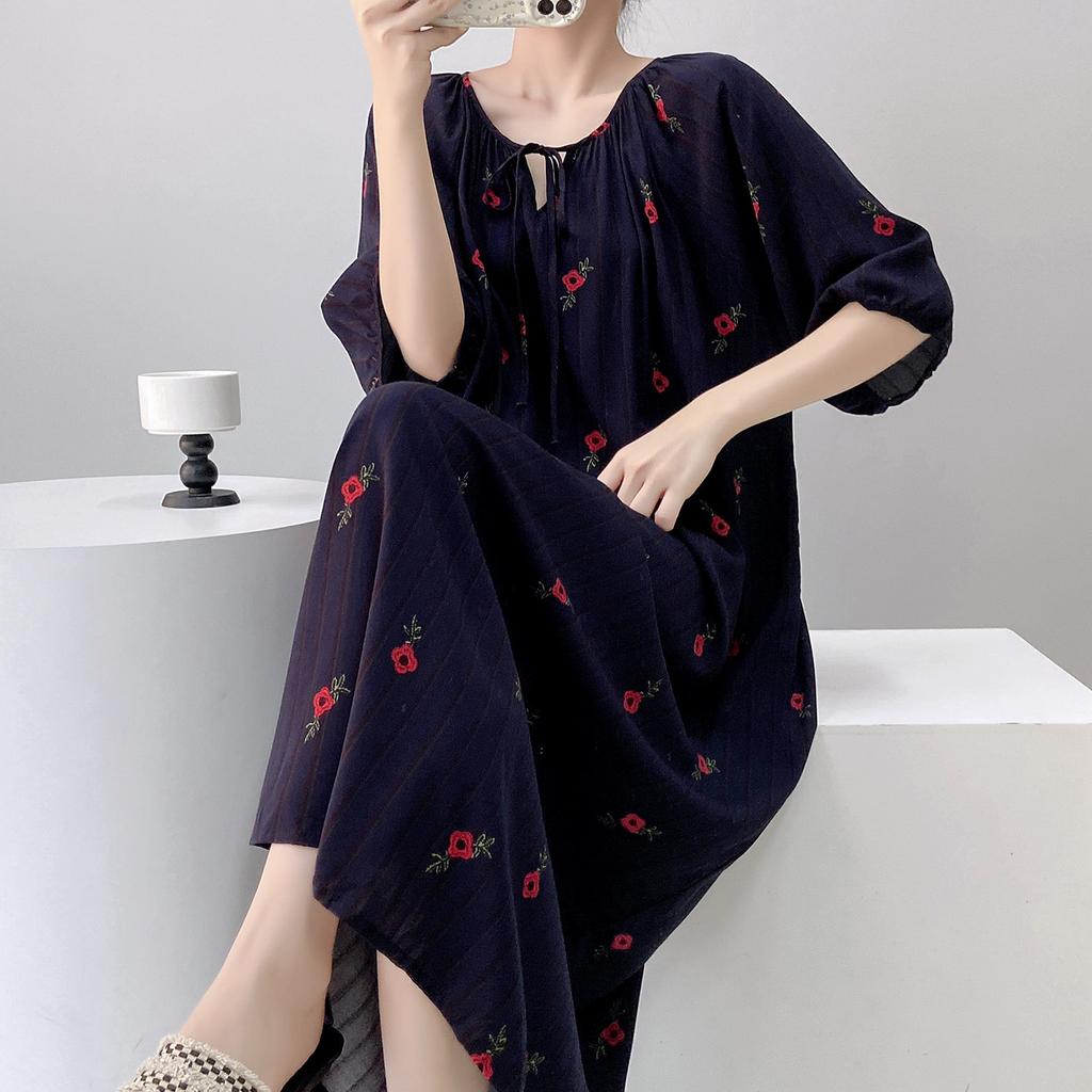 1011 new cotton and silk nightdress women's summer short-sleeved pajamas cartoon pony element long loose cotton silk skirt can be worn outside