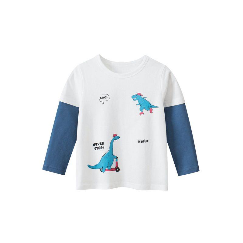 27Kids Spring and Autumn Boys  Fake Two-Piece Long-Sleeved T-shirt Children Dinosaur Bottoming Shirt Boys  Cotton Clothes 3235m White 140