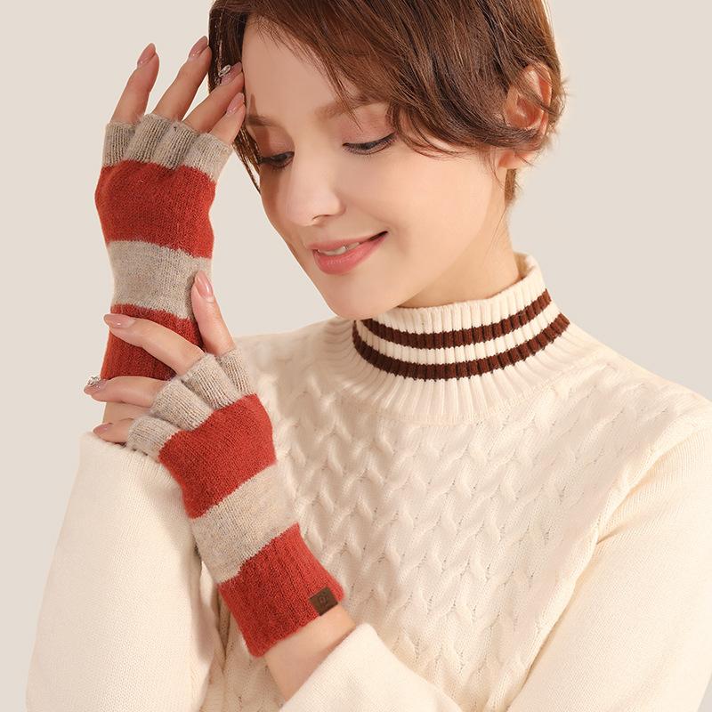 Winter Women's Fashion Knitted Warm Flip Half Finger Gloves Adult Cute Striped Office Gloves Women