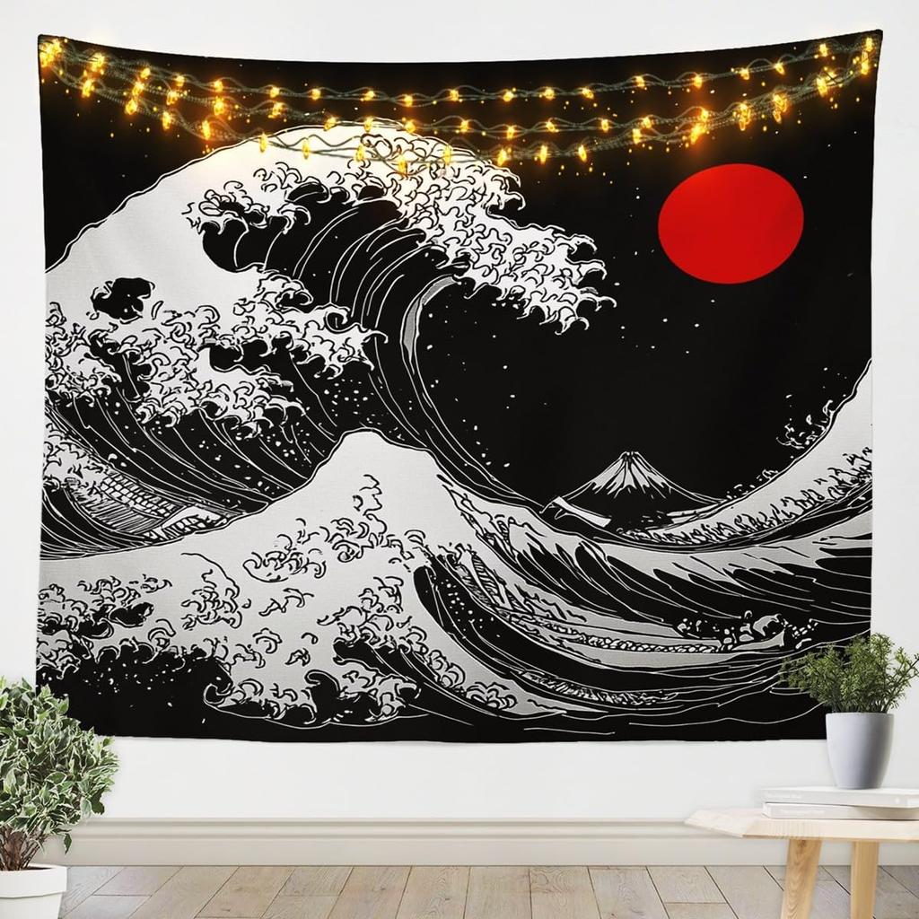 Japanese Wave Tapestry Kids Ocean Wave Sunset Wall Hanging For Boys Girls Teens Japanese Ukiyoe Mount Wall Blanket Sea Waves