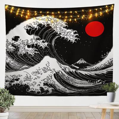 Japanese Wave Tapestry Kids Ocean Wave Sunset Wall Hanging For Boys Girls Teens Japanese Ukiyoe Mount Wall Blanket Sea Waves