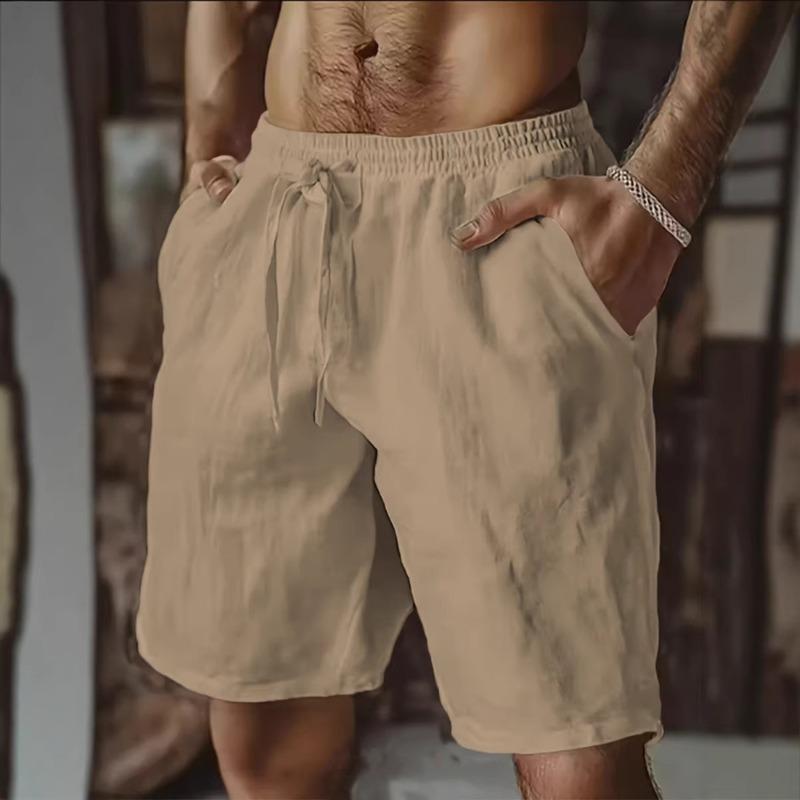 Men s Linen Blend Casual Shorts Summer Breathable Drawstring Waist Shorts S бежевый