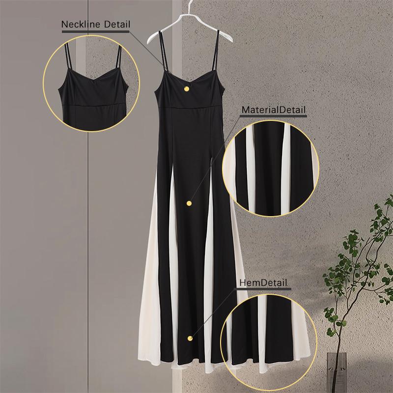 Fashion Contrasting Color Spaghetti Strap Dress for Women Elegant Gauze Backless A-line Long Dresses New Lady Party Evening Dresses