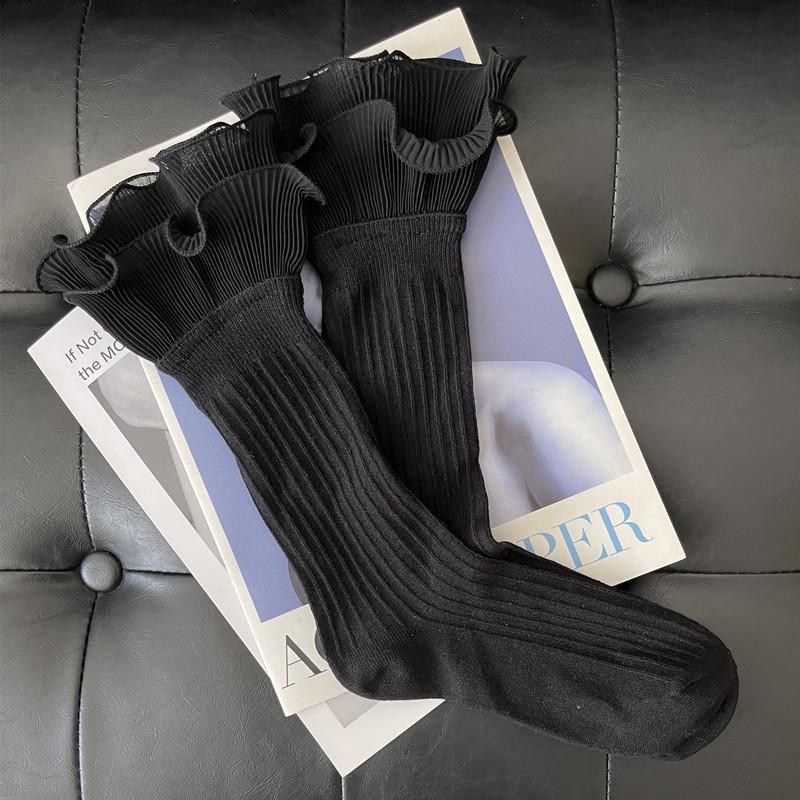 Double-layer Ruffled Three-dimensional Cut Mid-tube Slouch Socks, Thin Summer Black and White Solid Color Vintage Socks for Women, Japanese Style JK