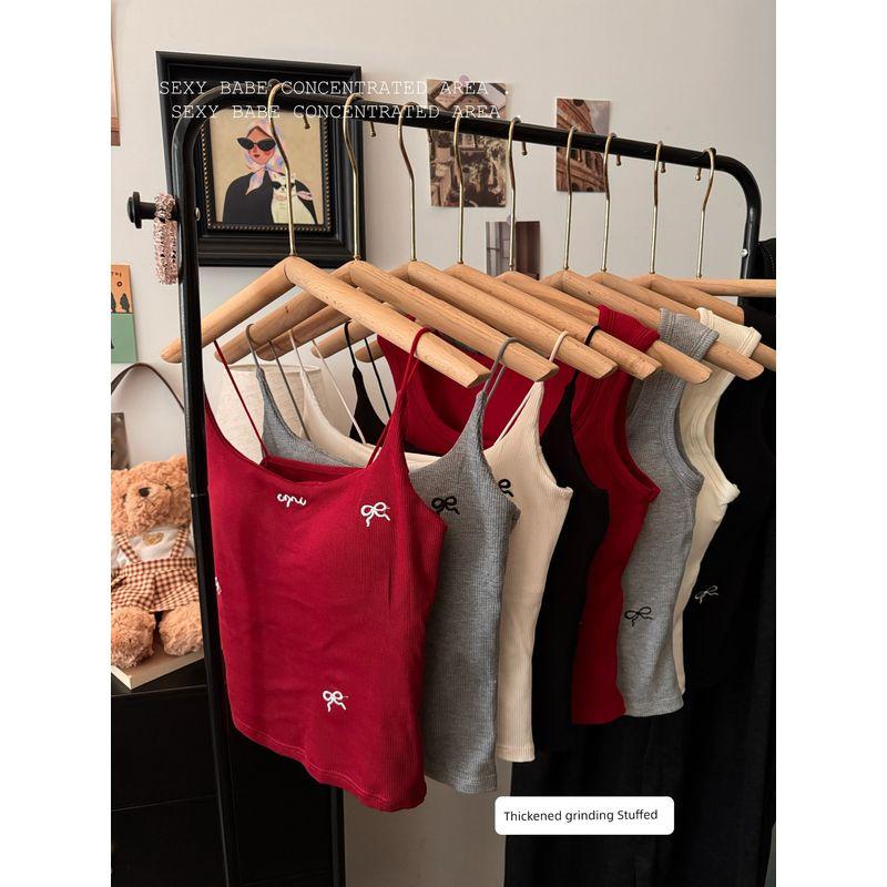 Kumikumi Pure Desire Style Bows Brushed Camisole Women's Autumn Retro with Chest Pad Short Inner Tops