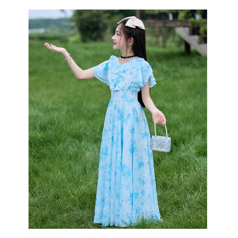 Mädchen Sommerkleid mit Blumenprint, Prinzessinnenstil, kurzärmelig, A-Linie, für größere Kinder