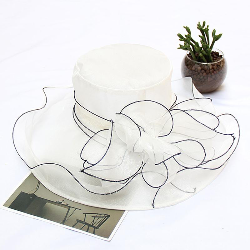 Vintage Organzový Klobouk s Širokou Krempou pro Ženy Klobouk k Církevním Šatům Svatební Klobouk Květinová Síťovina Sluneční Klobouk Párty Plážové Čepice