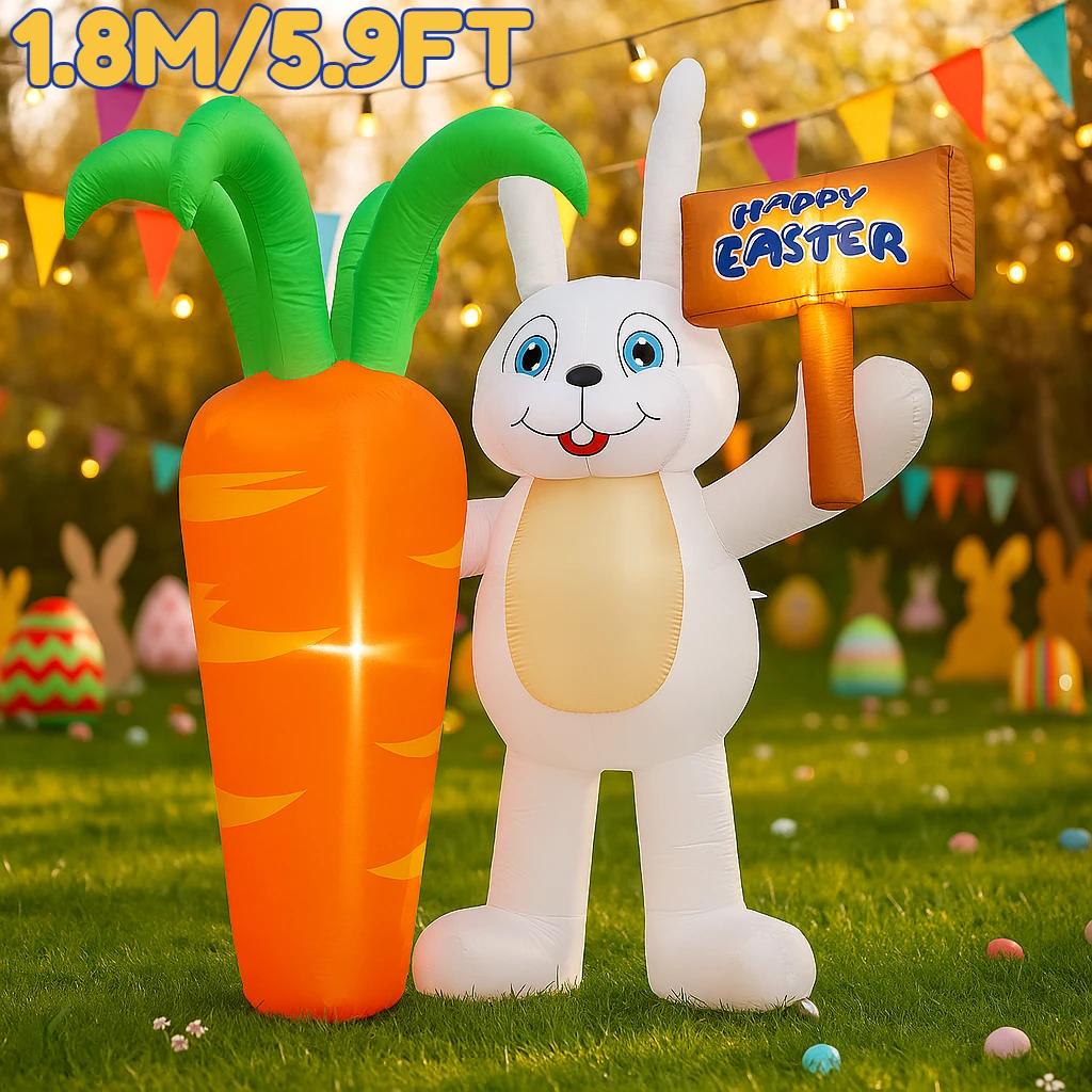 

1.8M/5.9FT Inflatable Model Easter Holiday Festival Rabbit Sign Holding Carrot DIY Ornament Outdoor Garden Yard LED Light Decor EU