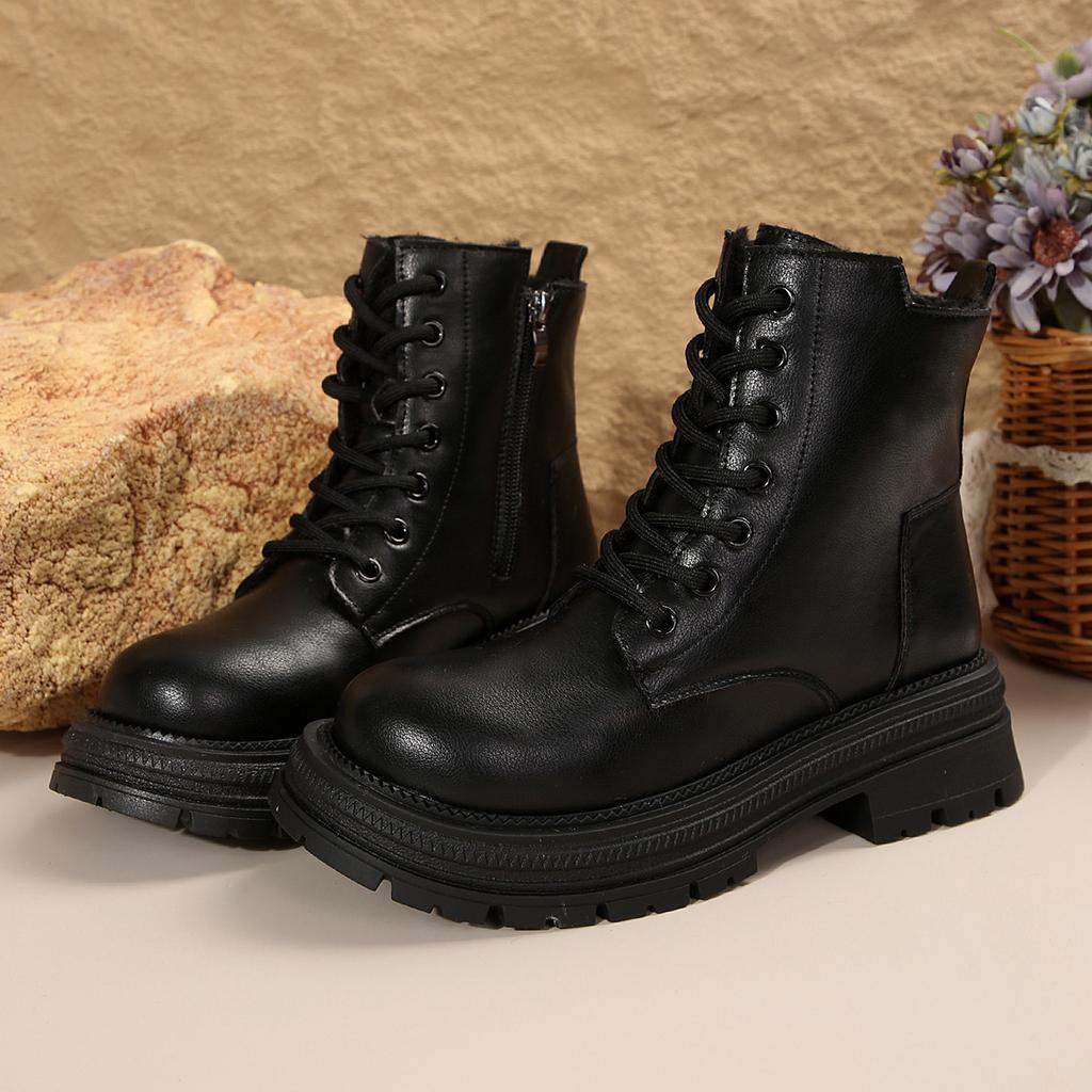 Plus Size Fall/Winter 2025 Women's Boots Martin Boots with Fleece Thick Soles and Lace-up Black Classic Booties for Women