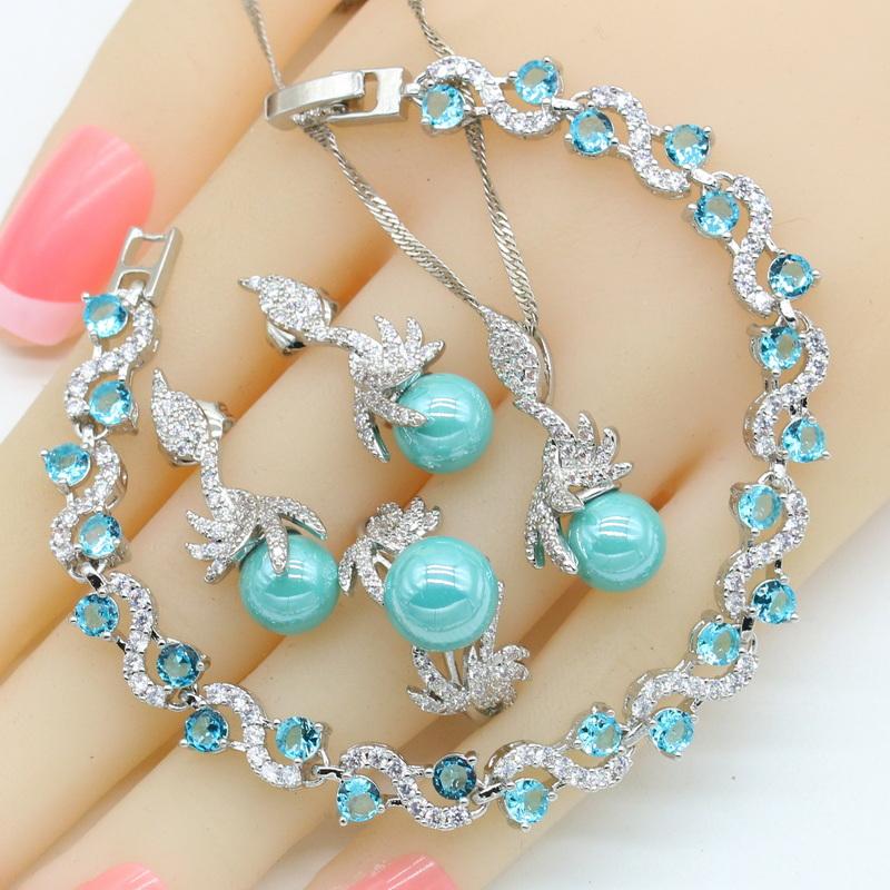 Weiß Perle Farbe Hochzeitsschmuck Sets Für Frauen Ohrringe Halskette Anhänger Ring Zirkonia Armband Geburtstagsgeschenk