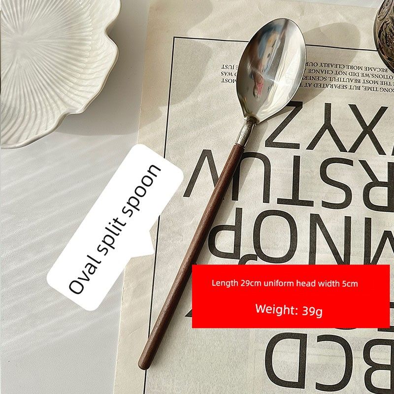 Handle Solid Wood Buffet Stainless Steel Spoon Oval Serving Spoon with Wooden Handle