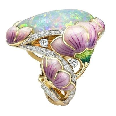 Eleganter Damen-Ring mit Strass-Imitat-Opal und eingelegtem Lotusblumen-Ring, Party-Schmuck, Geschenk