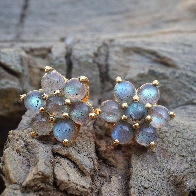 Labradorite Earrings Stud Flower Earrings 925 Sterling Silver Jewelry Gold Stud Wedding Stud Bridal Stud Minimalist Boho Jewelry Gifts