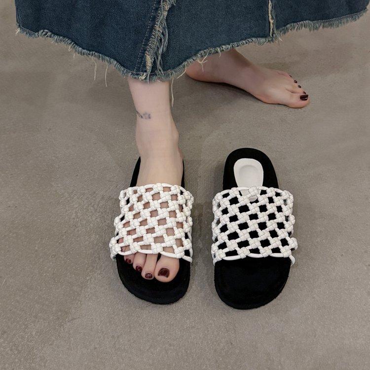 Summer hand-woven fishing net hollow breathable thick-soled beach shoes women's casual round toe cool slippers