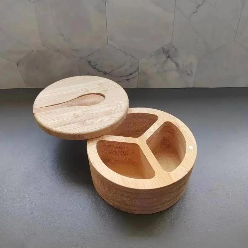 Bamboo Salt Jar with Spoon Kitchen Spice Jar Magnetic Rotating Household Seasoning Container Jewelry Handmade Storage Boxes