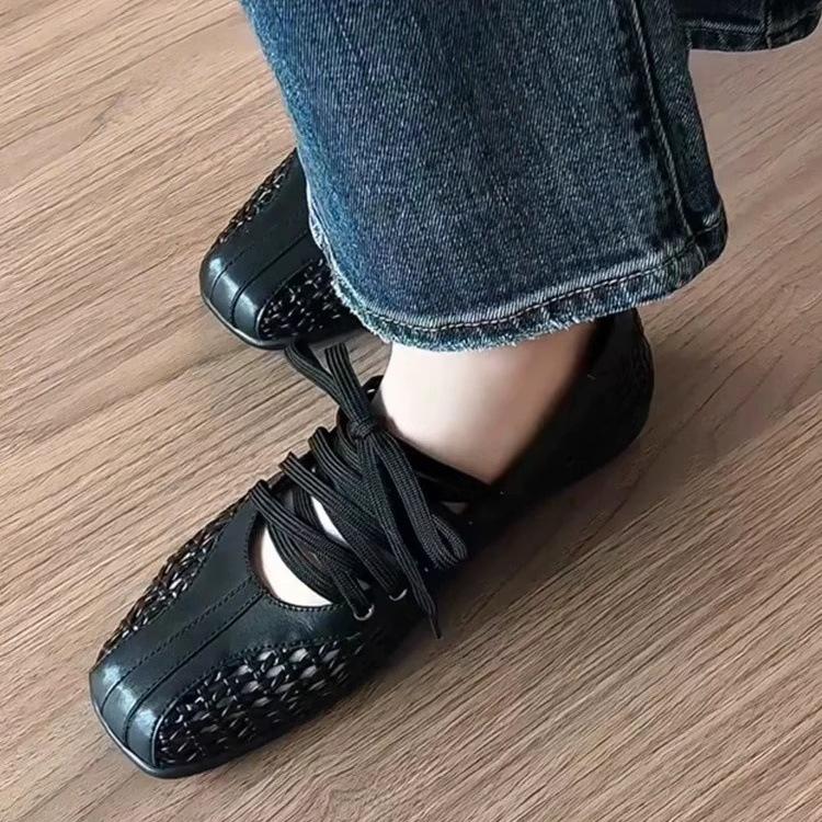 Yueyu - French Versatile Retro Soft-soled Ballet Single Shoes Women's Woven Leather Cross-strap Dexun Shoes Sandals
