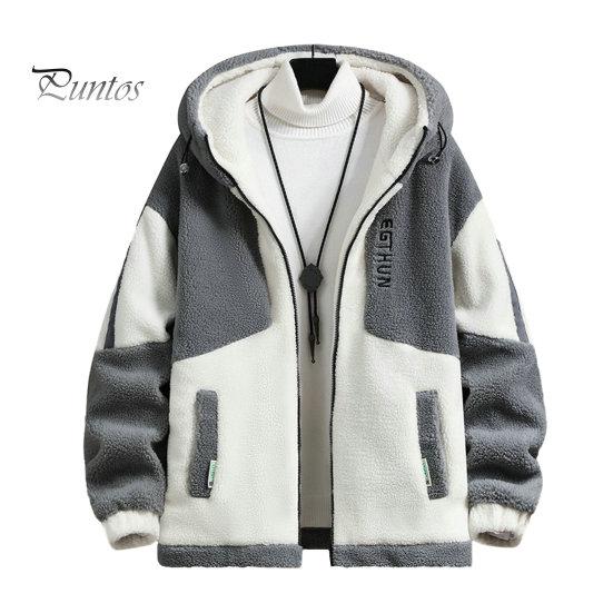Men Spliced Hood Jacket Fall Winter Colorblock Hooded Zipper Closure Cardigan Thick Plush Polar Fleece Letter Decor Warm Long Sleeve Pockets