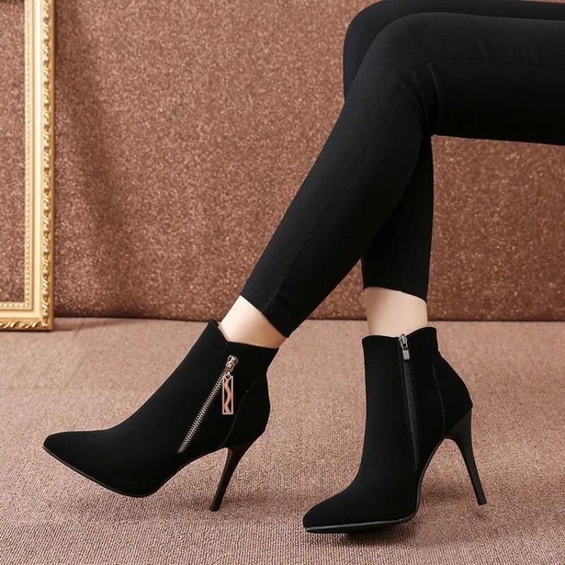 Fashion high-heeled short boots women's autumn and winter velvet thin heels women's boots pointed versatile and thin boots