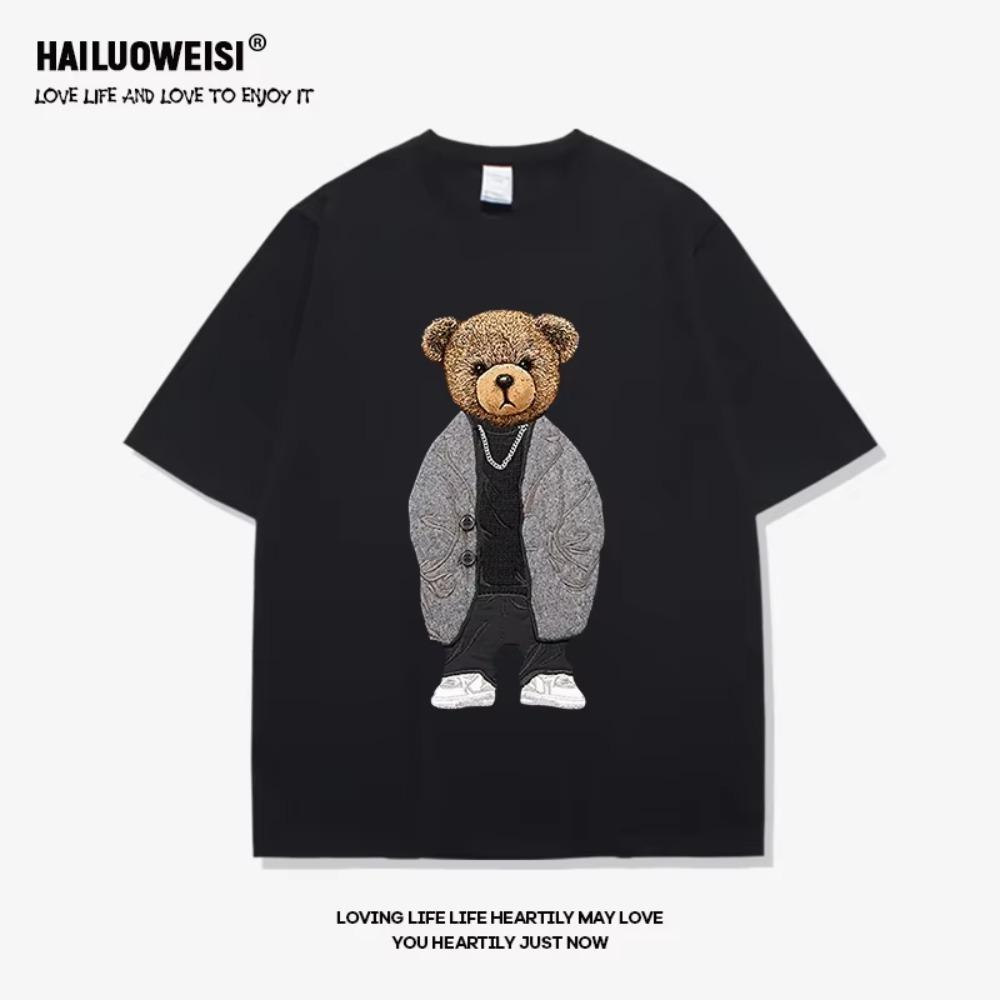 Summer Fashion High End Men's Fun Little Bear 100% Cotton Printed Round Neck High Quality Leisure Fitness Street T-shirt