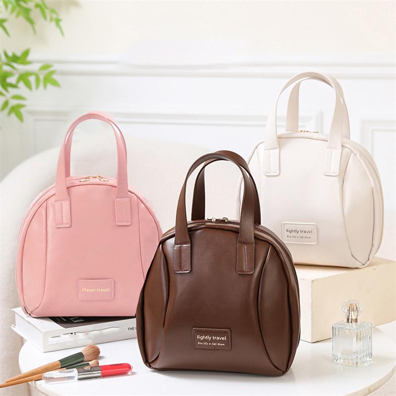 Reise-Kosmetiktasche mit großem Fassungsvermögen, tragbarer Kulturbeutel aus Leder mit Griff-Organizer, multifunktionale, wasserdichte Make-up-Tasche