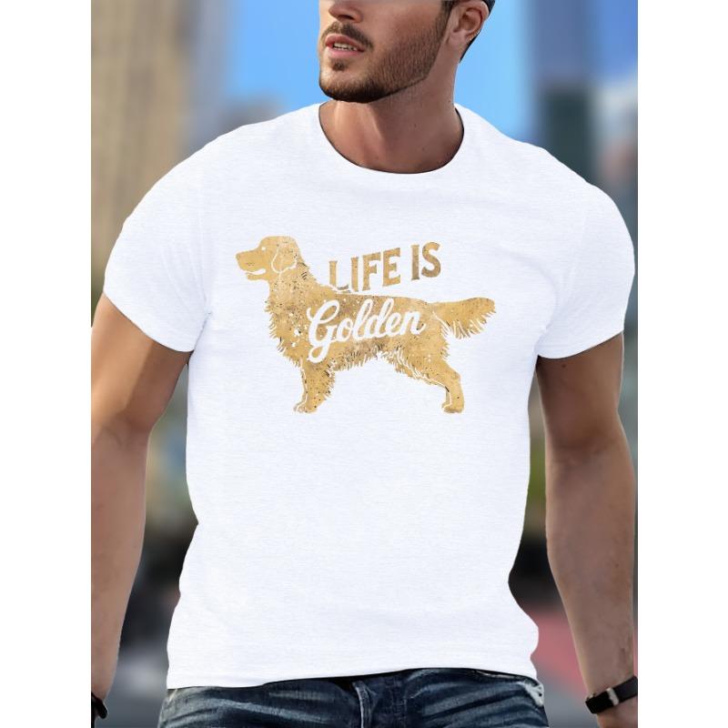 

European sizes Men s Motivational Golden Retriever Life is Golden Graphic T-Shirt - Casual Short Sleeve Summer Tee with Geometric Dog Design 4XL білий