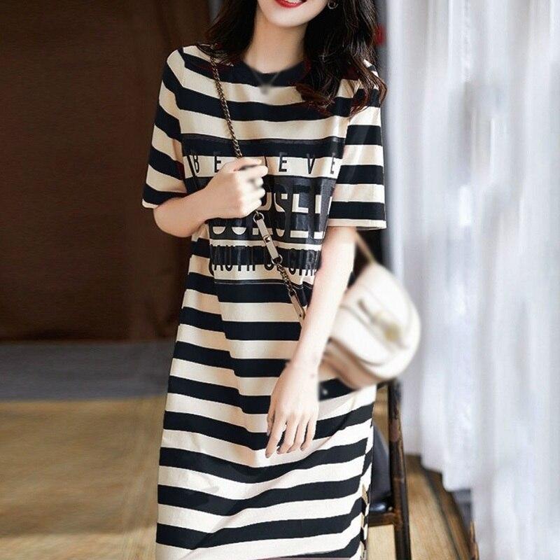 Simple Retro Loose Striped Letter Printing Long Style Shirt Dress