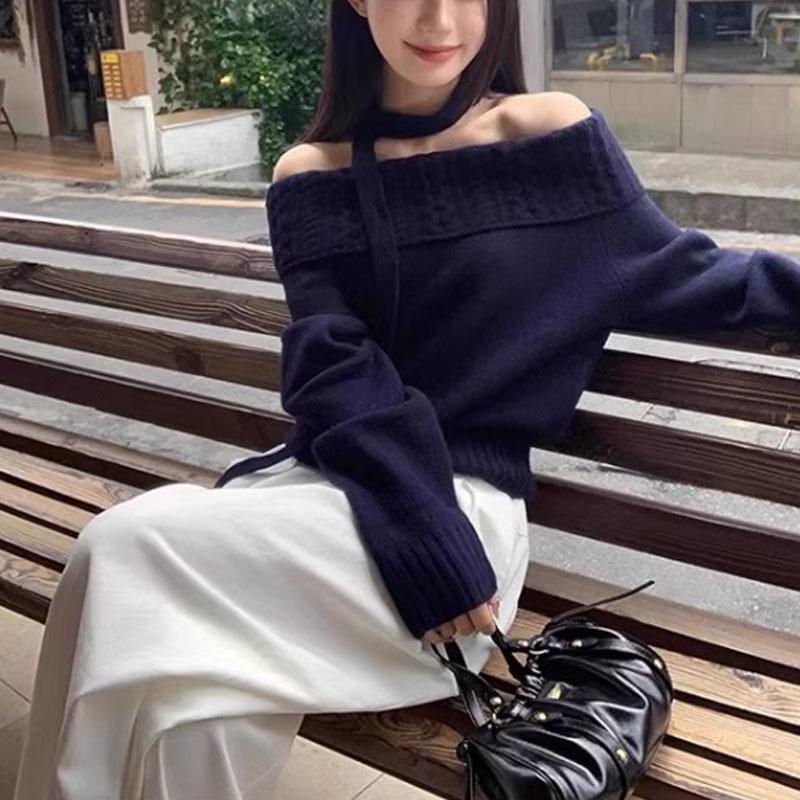 Damen Rippstrick One-Shoulder Pullover im Koreanischen Stil mit Cut-Outs für Herbst/Winter 2026